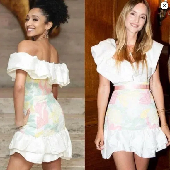 Markarian Dress Mini Ruffled Floral Off the Shoulder Pastel Grace White Pink 4 - Picture 6 of 6